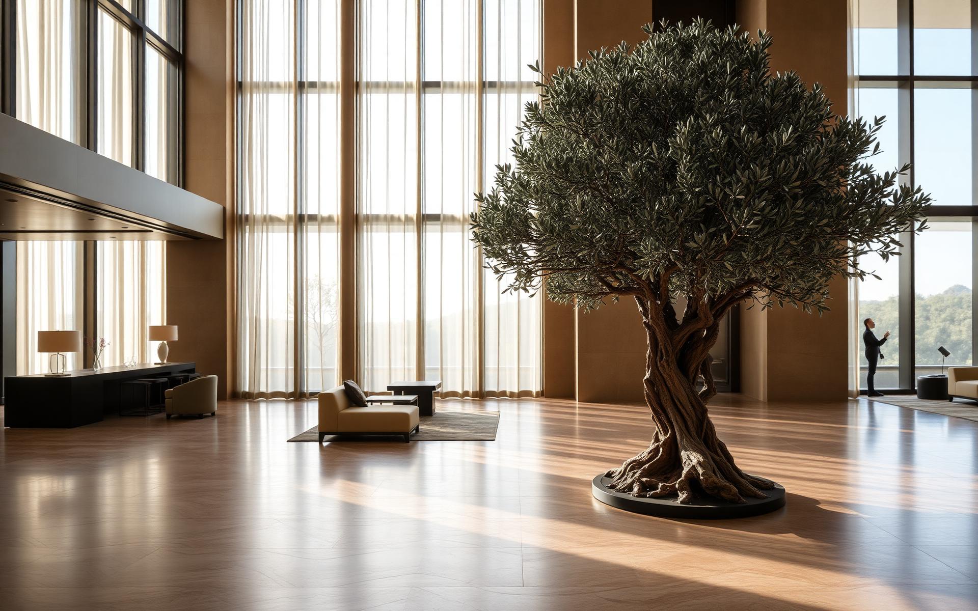 Monumental artificial olive tree in a luxury hotel lobby with travertine floors and floor-to-ceiling windows